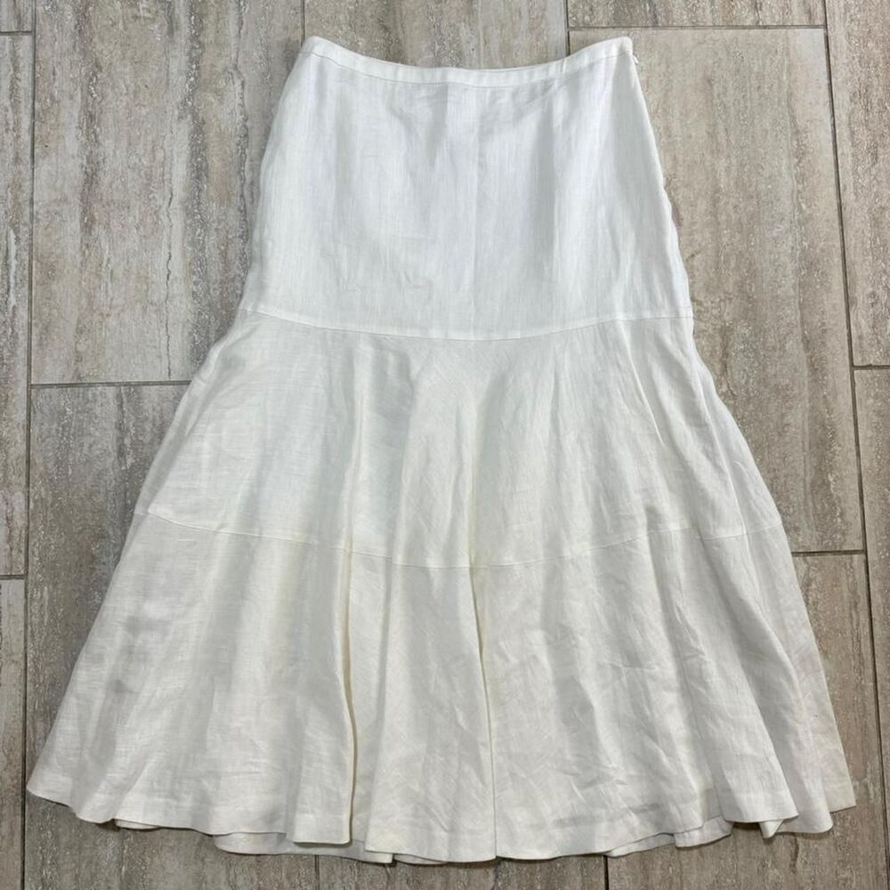 Ann Taylor White Linen Tiered Midi Skirt Sz 6 Coastal Cottagecore fairy boho